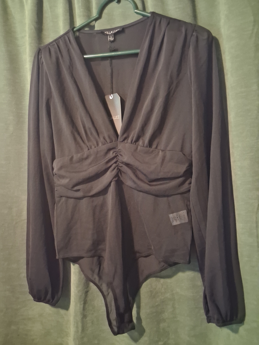 Stella Luce Black Deep V-Ruched Long-Sleeve Bodysuit